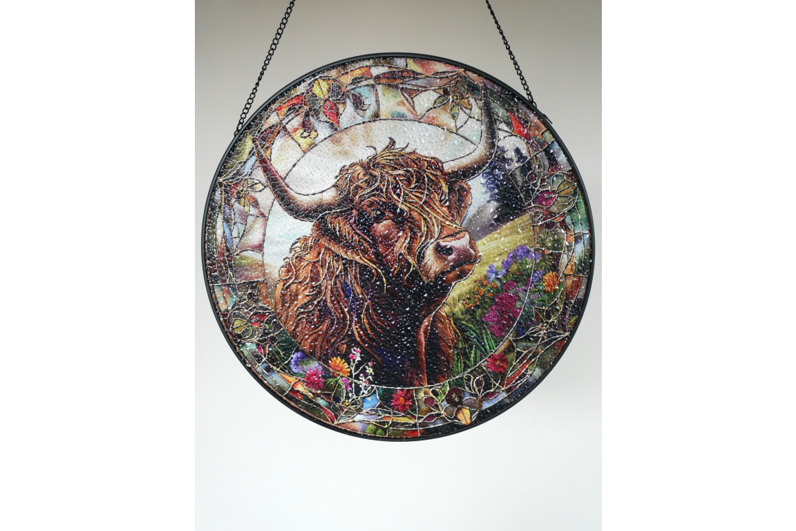 Highland Cow Stained Glass Suncatcher Hanging Window Panel Ornament