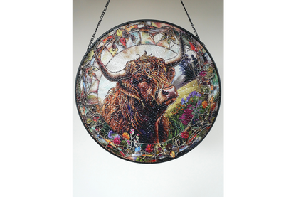 Highland Cow Stained Glass Suncatcher Hanging Window Panel Ornament