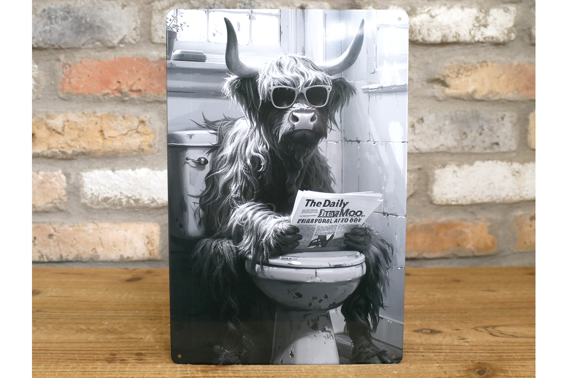 Highland Cow on Toilet Metal Sign - Quirky Bathroom Wall Art Print
