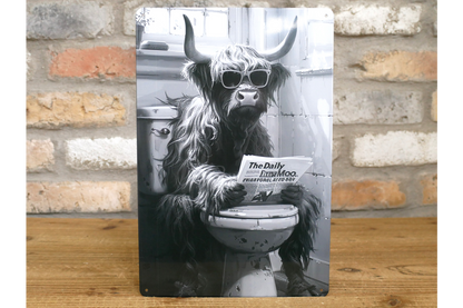 Highland Cow on Toilet Metal Sign - Quirky Bathroom Wall Art Print