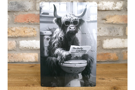 Highland Cow on Toilet Metal Sign - Quirky Bathroom Wall Art Print