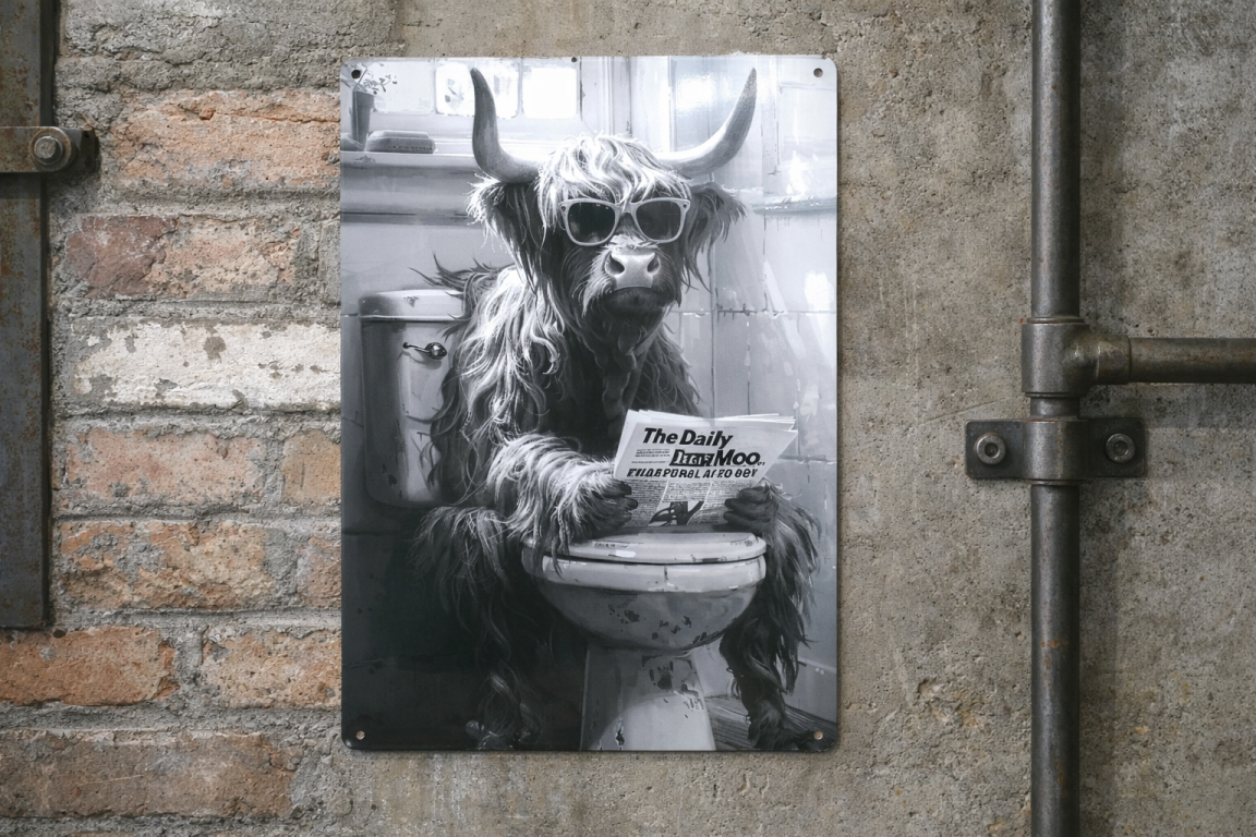 Highland Cow on Toilet Metal Sign - Quirky Bathroom Wall Art Print