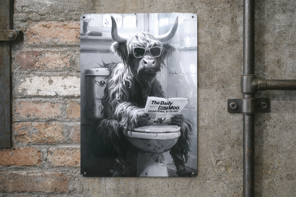 Highland Cow on Toilet Metal Sign - Quirky Bathroom Wall Art Print