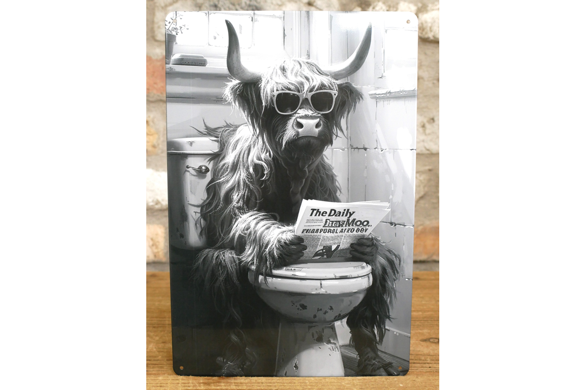 Highland Cow on Toilet Metal Sign - Quirky Bathroom Wall Art Print
