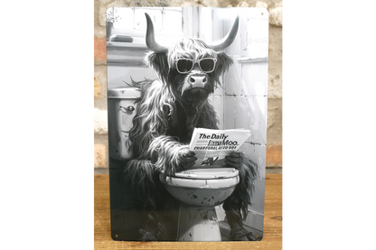 Highland Cow on Toilet Metal Sign - Quirky Bathroom Wall Art Print