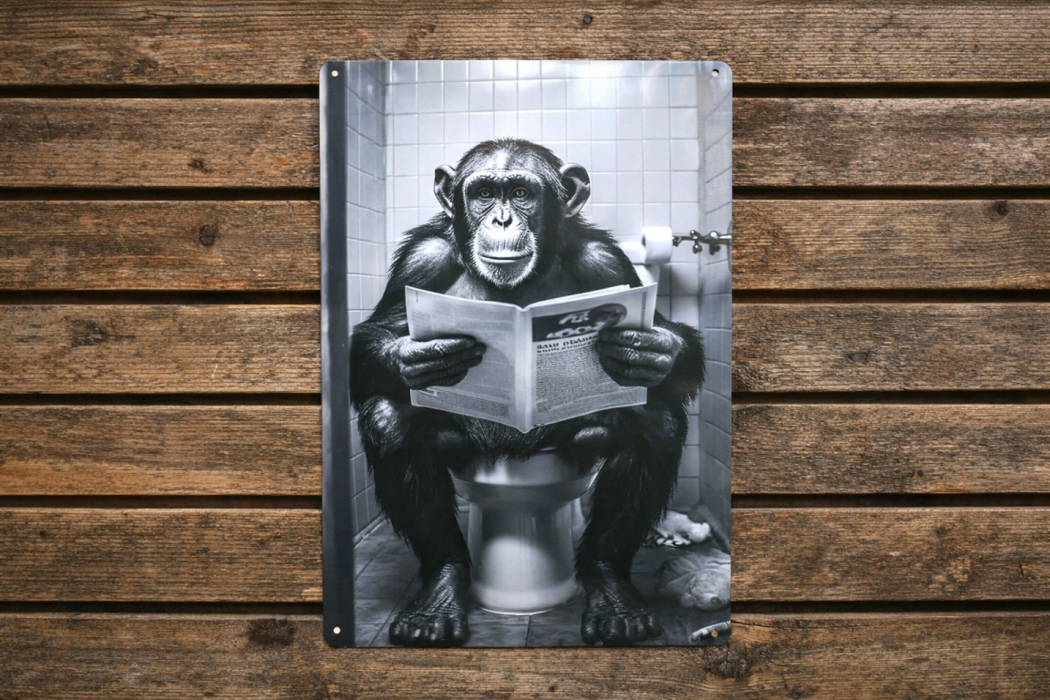 Chimpanzee on Toilet Metal Sign - Quirky Bathroom Wall Art Plaque