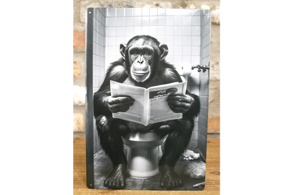 Chimpanzee on Toilet Metal Sign - Quirky Bathroom Wall Art Plaque