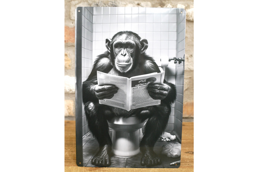 Chimpanzee on Toilet Metal Sign - Quirky Bathroom Wall Art Plaque