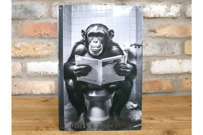 Chimpanzee on Toilet Metal Sign - Quirky Bathroom Wall Art Plaque