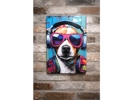 DJ Dog Street Art Metal Sign - Vibrant Graffiti Canine Wall Art Plaque