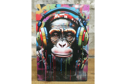 DJ Chimp Street Art Metal Sign - Vibrant Graffiti Monkey Wall Art Plaque