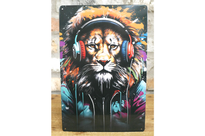 DJ Lion Street Art Metal Sign - Vibrant Graffiti Animal Wall Art Plaque