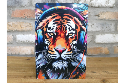 DJ Tiger Street Art Metal Sign - Vibrant Graffiti Big Cat Wall Art Plaque