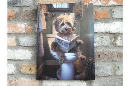 Scruffy Dog on Toilet Canvas Print - Funny Bathroom Canine Wall Art Decor