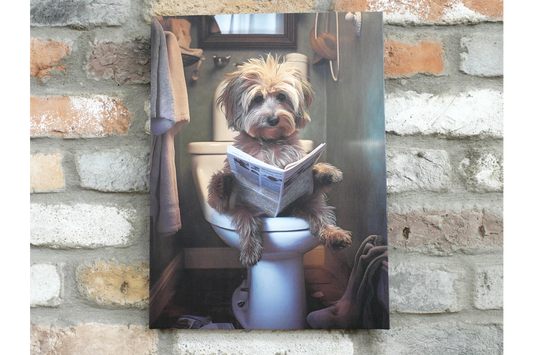 Scruffy Dog on Toilet Canvas Print - Funny Bathroom Canine Wall Art Decor