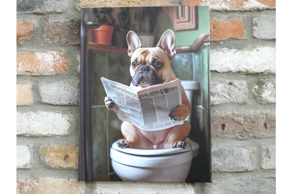 French Bulldog on Toilet Canvas Print - Funny Bathroom Frenchie Wall Art