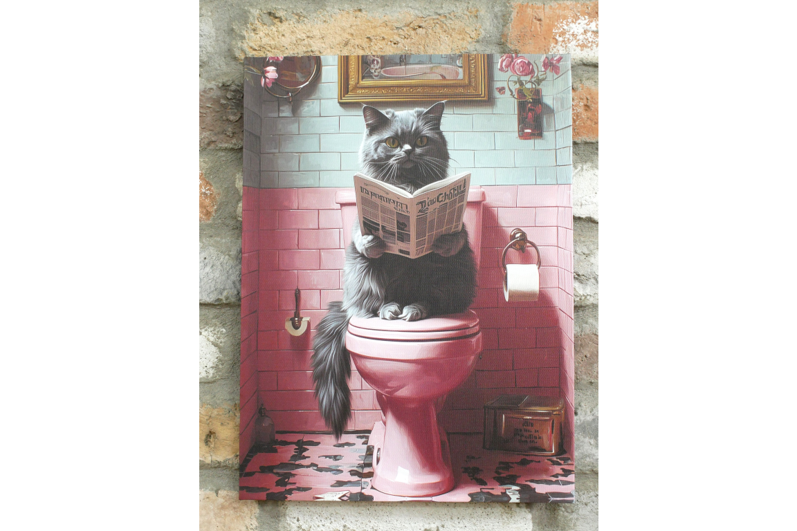 Fluffy Grey Cat on Toilet Canvas Print - Funny Bathroom Wall Art Decor