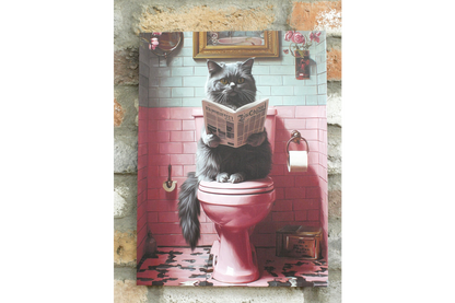 Fluffy Grey Cat on Toilet Canvas Print - Funny Bathroom Wall Art Decor