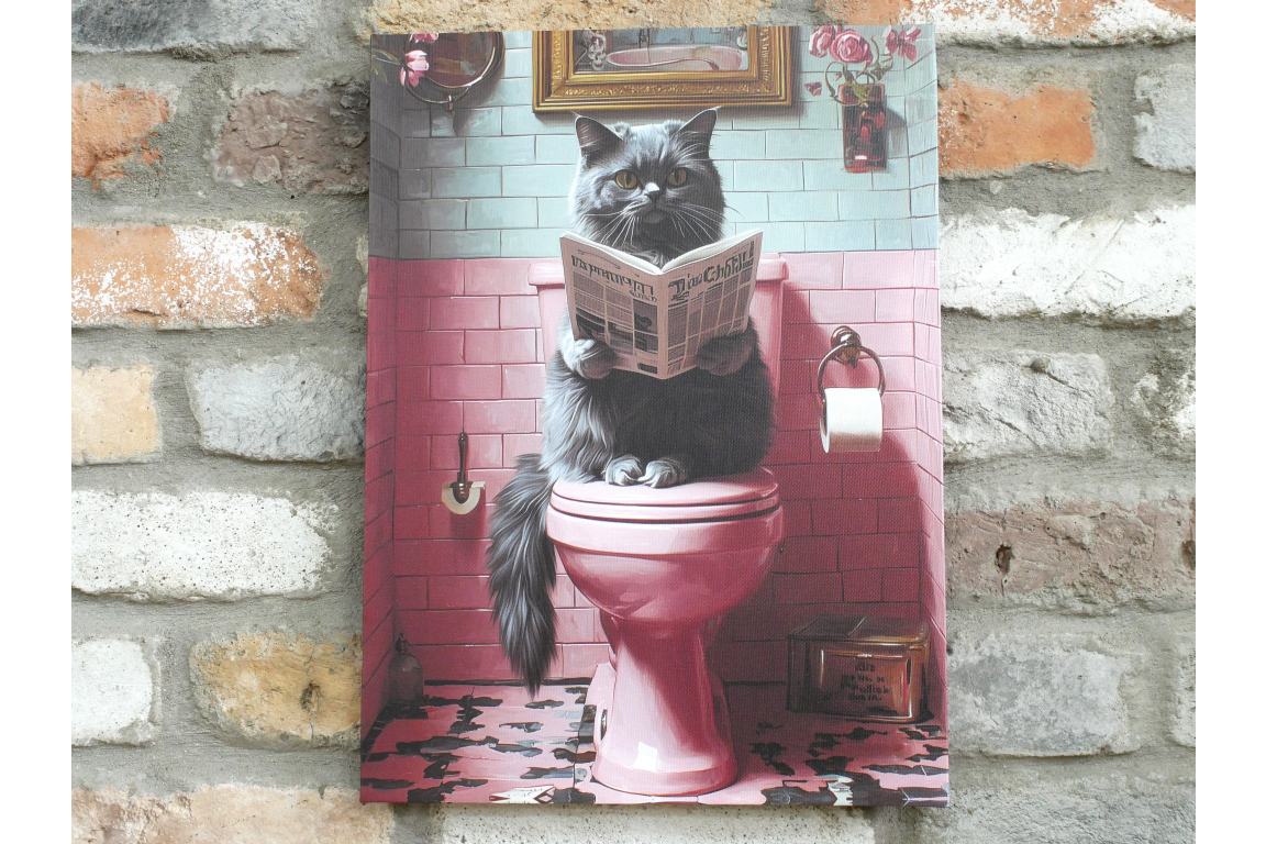 Fluffy Grey Cat on Toilet Canvas Print - Funny Bathroom Wall Art Decor