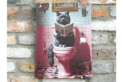 Fluffy Grey Cat on Toilet Canvas Print - Funny Bathroom Wall Art Decor
