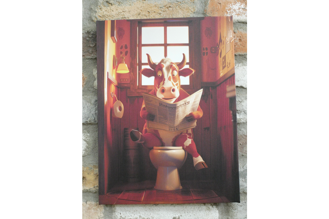 Spotted Cow on Toilet Canvas Print - Funny Bathroom Wall Art Decor