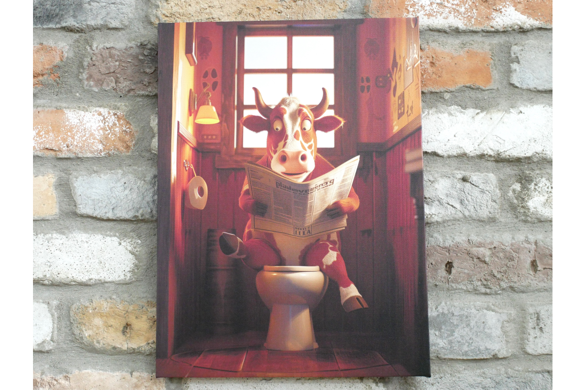 Spotted Cow on Toilet Canvas Print - Funny Bathroom Wall Art Decor