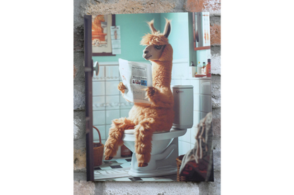 Fluffy Llama on Toilet Canvas Print - Funny Bathroom Wall Art Decor
