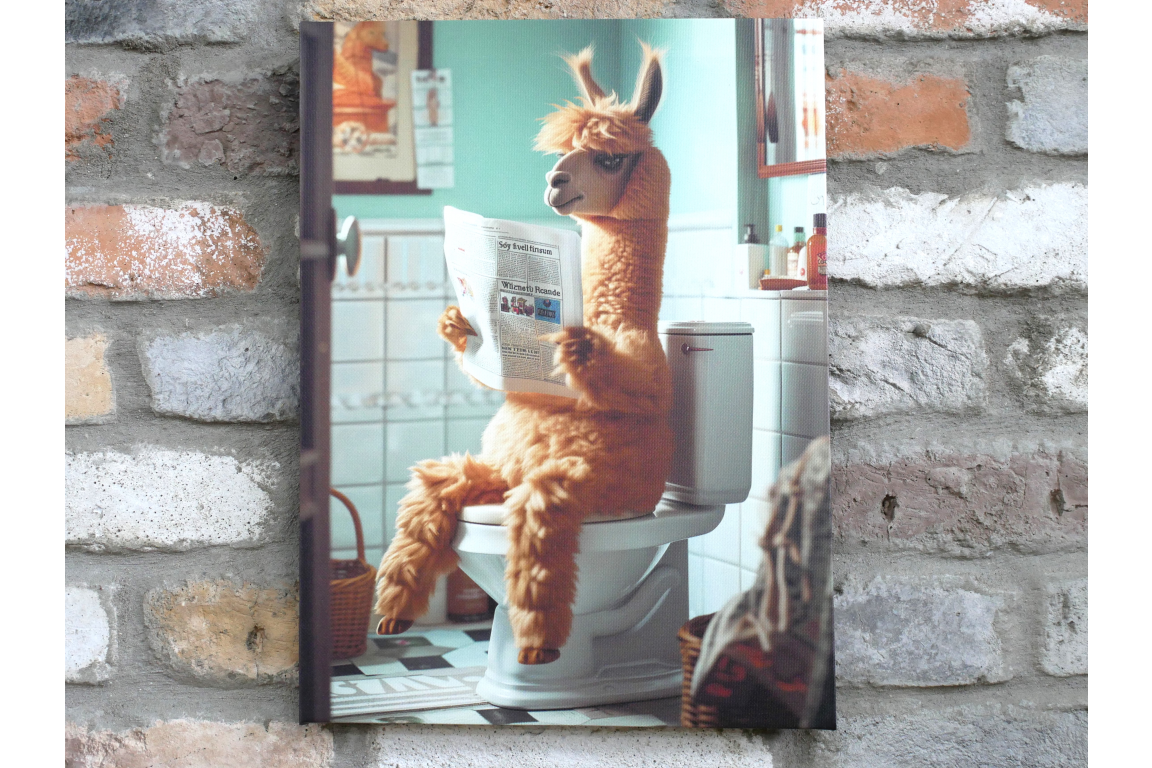 Fluffy Llama on Toilet Canvas Print - Funny Bathroom Wall Art Decor