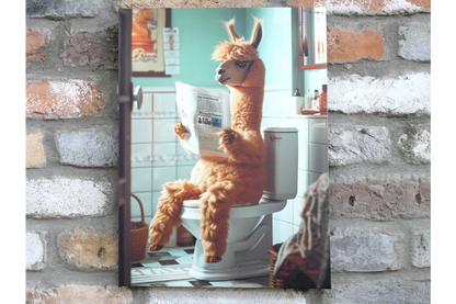 Fluffy Llama on Toilet Canvas Print - Funny Bathroom Wall Art Decor