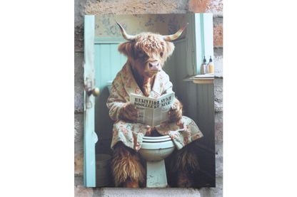 Highland Cow in Dressing Gown Canvas - Funny Toilet Bathroom Wall Art