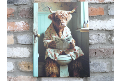 Highland Cow in Dressing Gown Canvas - Funny Toilet Bathroom Wall Art