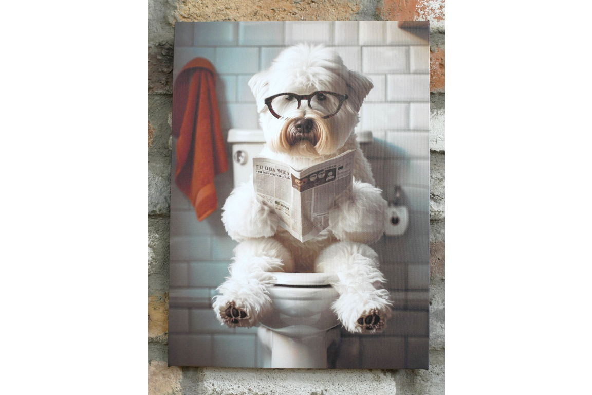 White Dog with Glasses Canvas Print - Funny Bathroom Canine Wall Art