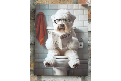 White Dog with Glasses Canvas Print - Funny Bathroom Canine Wall Art