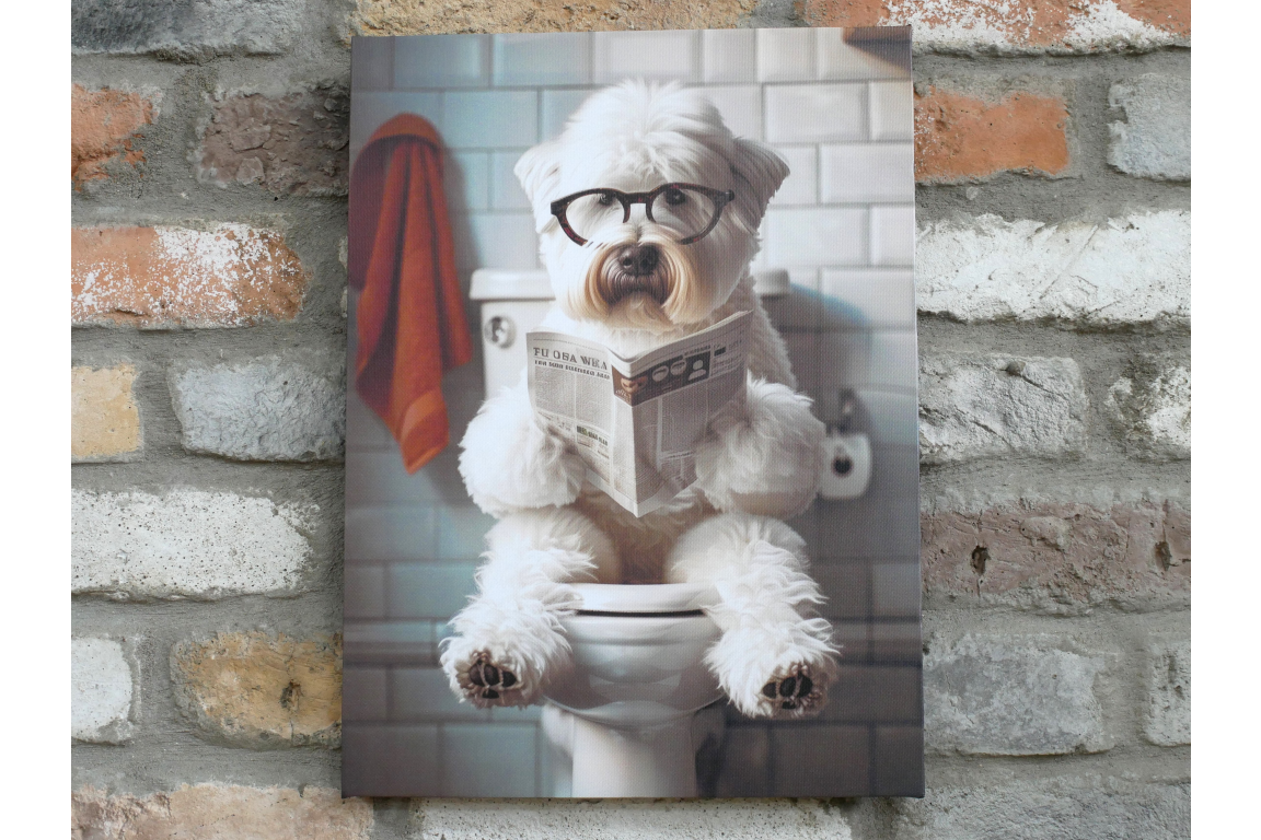 White Dog with Glasses Canvas Print - Funny Bathroom Canine Wall Art