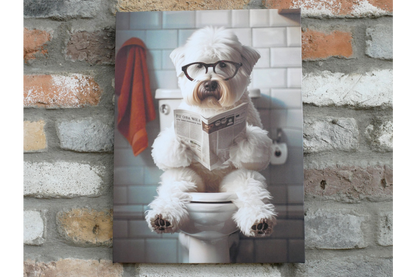 White Dog with Glasses Canvas Print - Funny Bathroom Canine Wall Art