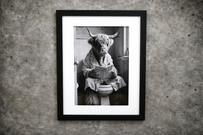Funny Highland Cow on Toilet Framed Wall Art – Black & White Bathroom Decor Print
