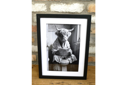 Funny Highland Cow on Toilet Framed Wall Art – Black & White Bathroom Decor Print
