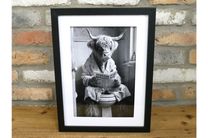 Funny Highland Cow on Toilet Framed Wall Art – Black & White Bathroom Decor Print