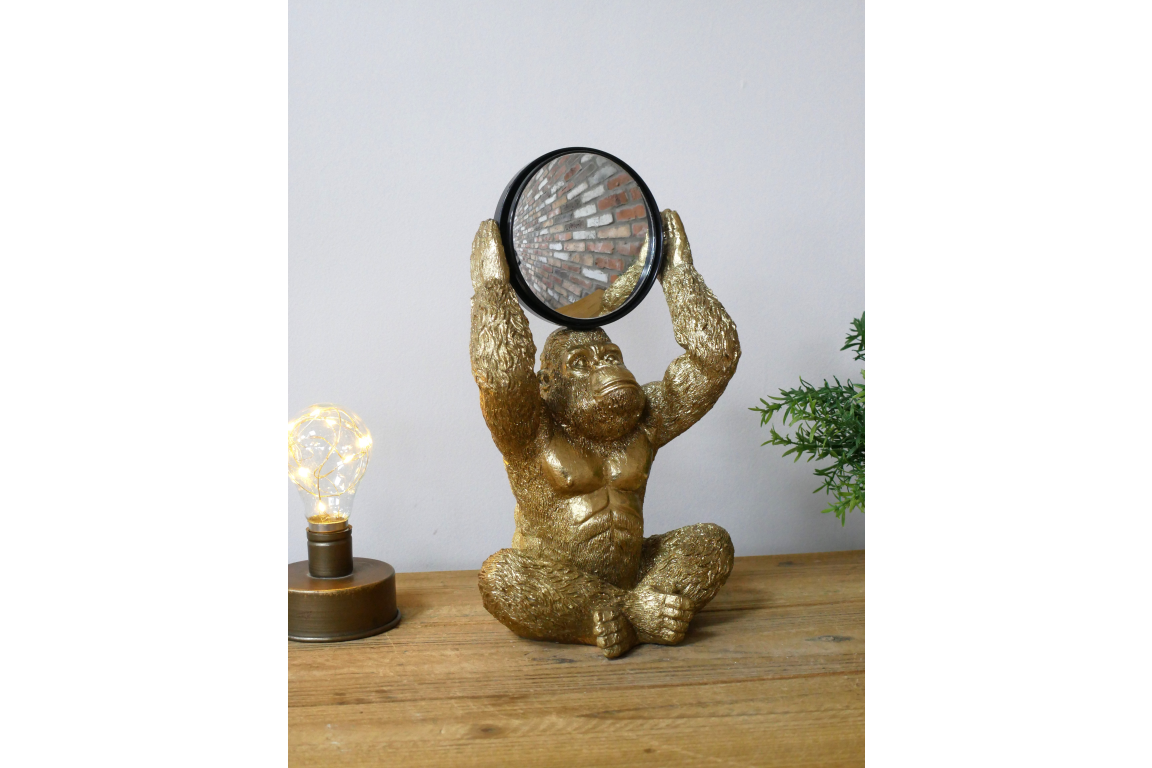 Gold Gorilla Vanity Mirror Figurine - Quirky Resin Monkey Desk Decor