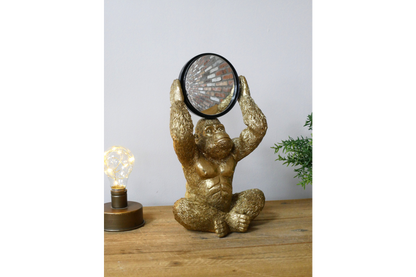 Gold Gorilla Vanity Mirror Figurine - Quirky Resin Monkey Desk Decor