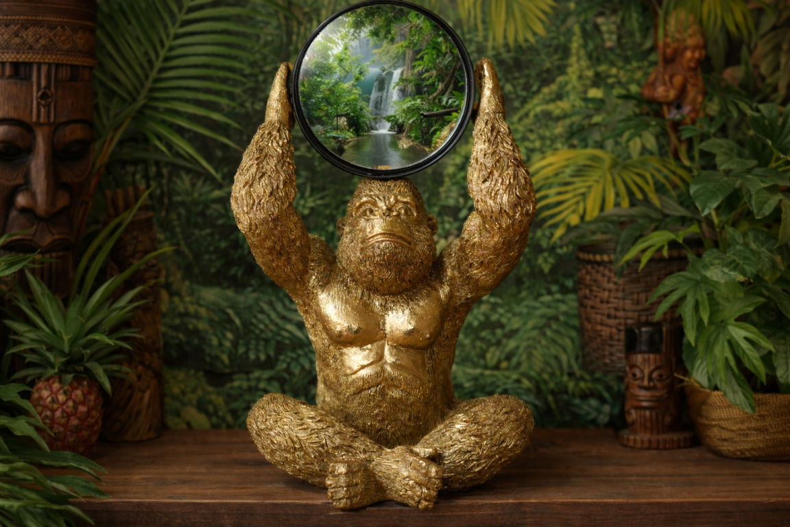 Gold Gorilla Vanity Mirror Figurine - Quirky Resin Monkey Desk Decor