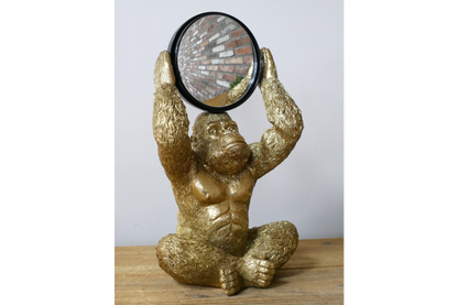 Gold Gorilla Vanity Mirror Figurine - Quirky Resin Monkey Desk Decor