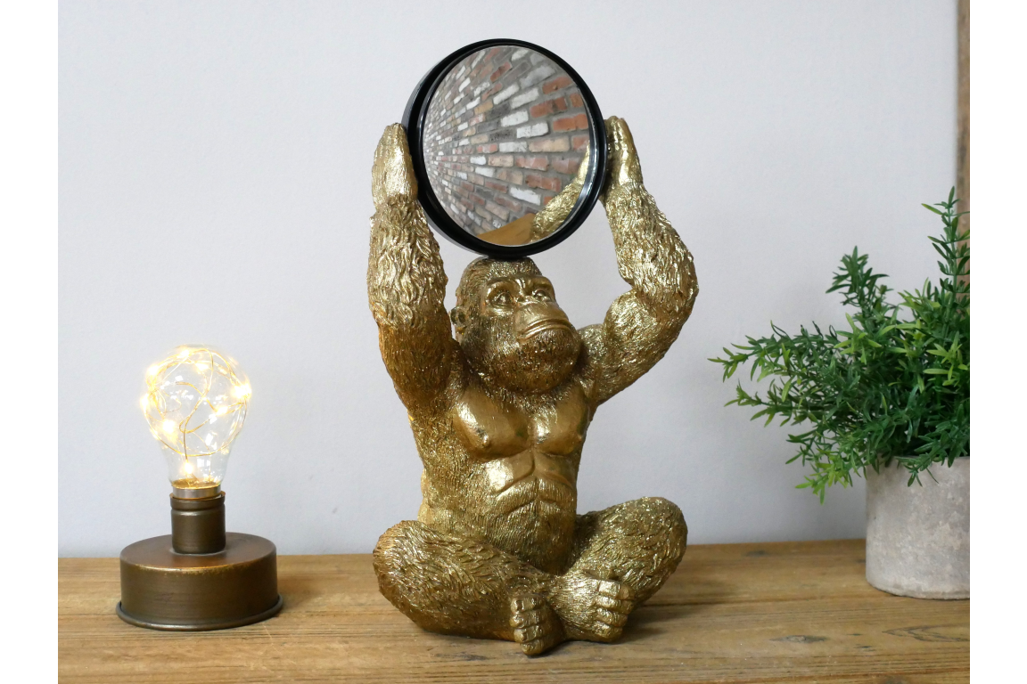 Gold Gorilla Vanity Mirror Figurine - Quirky Resin Monkey Desk Decor