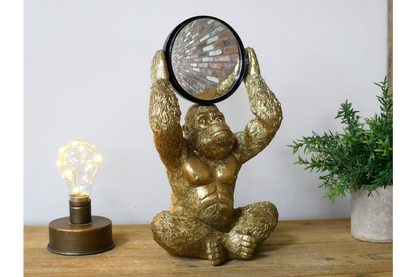 Gold Gorilla Vanity Mirror Figurine - Quirky Resin Monkey Desk Decor