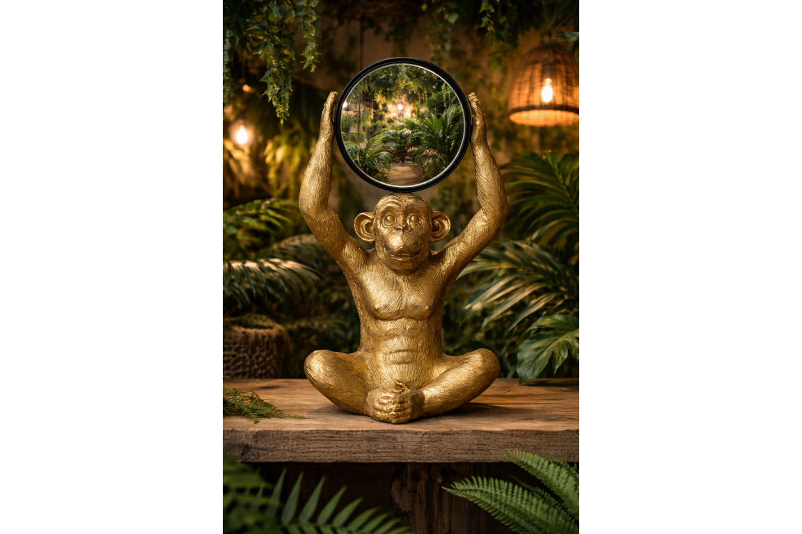 Gold Chimpanzee Vanity Mirror Figurine - Quirky Resin Monkey Desk Decor