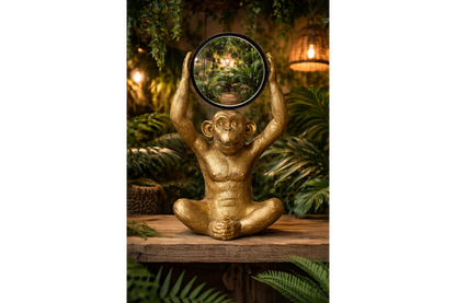 Gold Chimpanzee Vanity Mirror Figurine - Quirky Resin Monkey Desk Decor