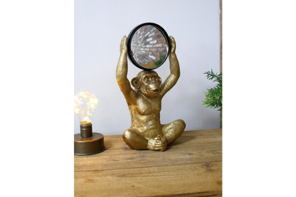 Gold Chimpanzee Vanity Mirror Figurine - Quirky Resin Monkey Desk Decor