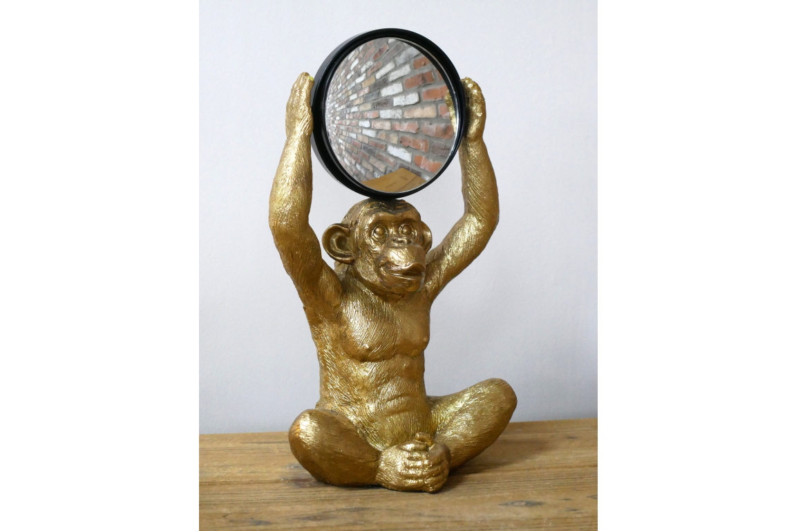 Gold Chimpanzee Vanity Mirror Figurine - Quirky Resin Monkey Desk Decor