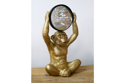 Gold Chimpanzee Vanity Mirror Figurine - Quirky Resin Monkey Desk Decor