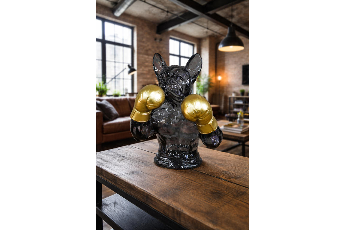 Gold Boxing French Bulldog Bust - Quirky Smoke Resin Frenchie Dog Statue